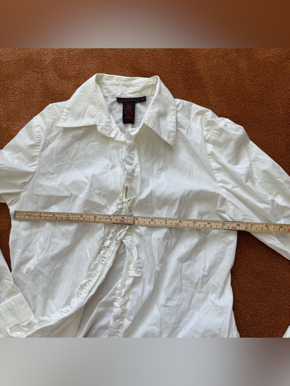 Women's White Ruffle-Front Button Blouse drawstring - Picture 4 of 8